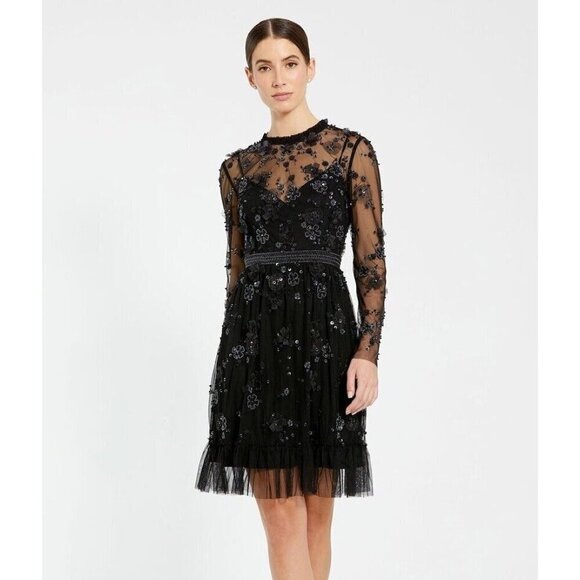 Mac Duggal Size 2 Black 9140 Sequin Beaded Long Sleeve Cocktail Party Dress New - Picture 1 of 10